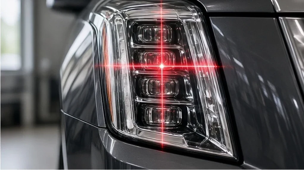 Проверка светотеневой границы фар Cadillac Escalade на лазерном оптическом стенде