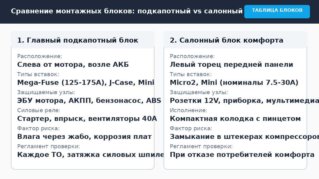 Сравнение монтажных блоков предохранителей Chevrolet Tahoe: подкапотный и салонный