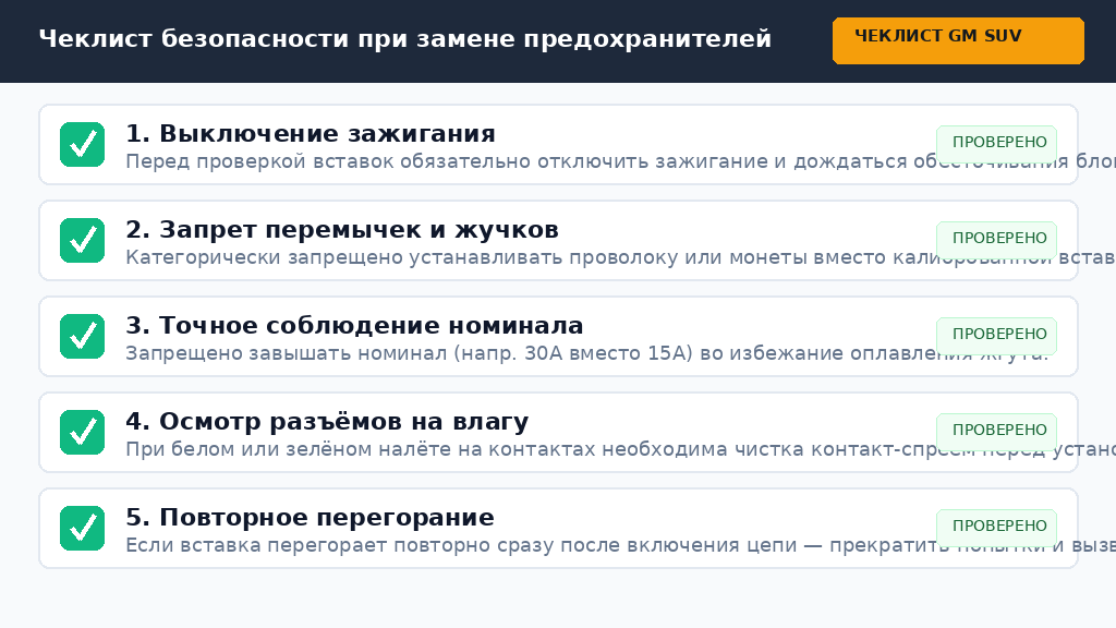 Чеклист правил безопасности при замене предохранителей Chevrolet Tahoe